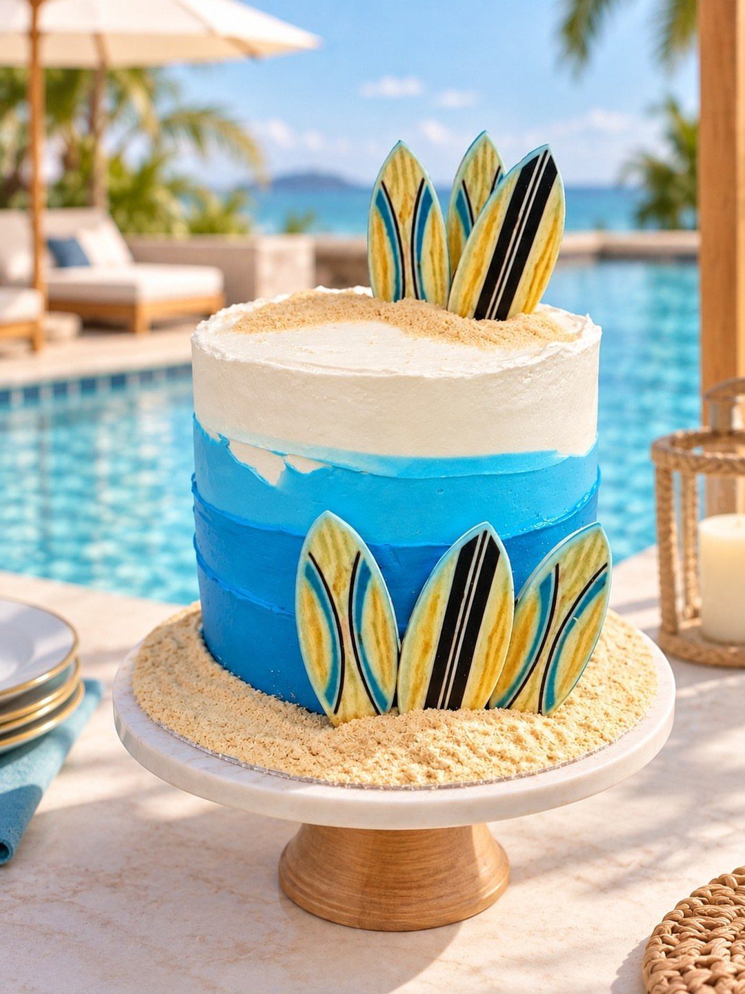 26 Beach Cake Ideas with Blue Ocean Frosting to Sailboats 26 Beach themed cake with blue frosting, sandy crumbs, and candy surfboard decorations.