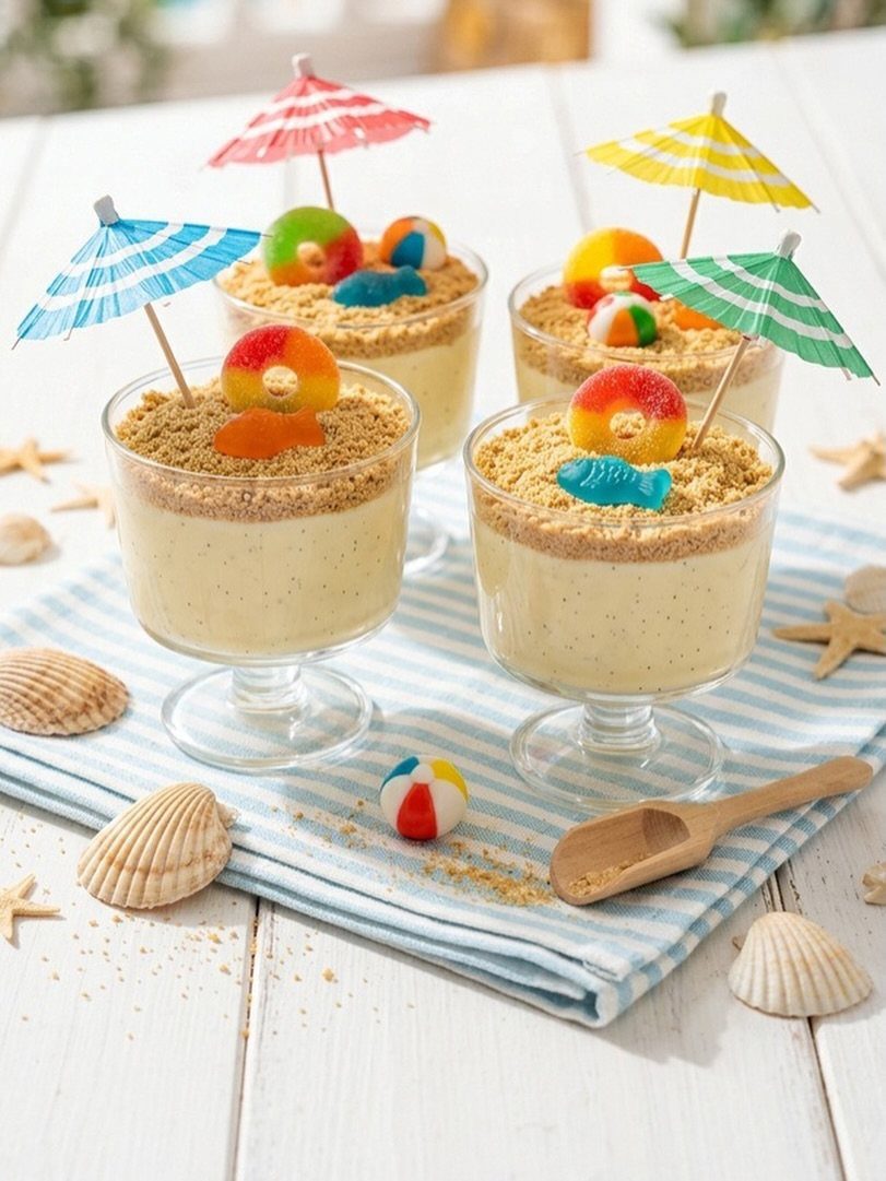 26 Beach Cake Ideas with Blue Ocean Frosting to Sailboats 27 Dessert glasses with yellow pudding, brown crumble, candy rings, and tiny beach umbrellas.