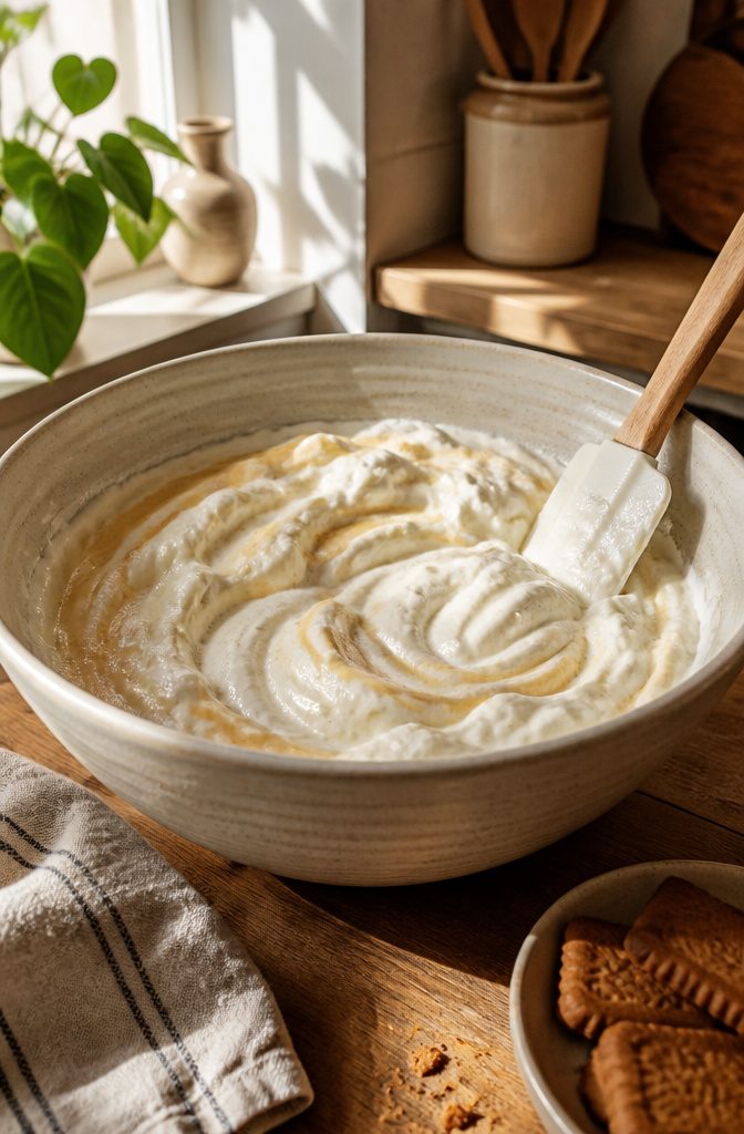 Biscoff Banana Pudding Recipe (Easy No-Bake Dessert) 4 Wide mixing bowl with a mixture of whipped cream and pudding.