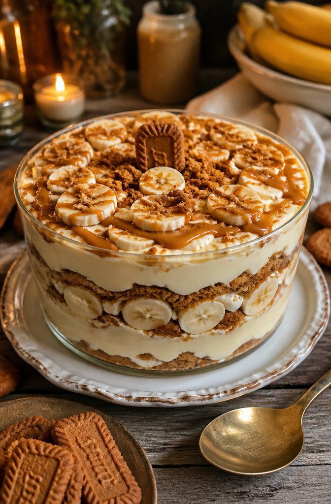 Biscoff Banana Pudding Recipe (Easy No-Bake Dessert) 7 Biscoff banana pudding topped with crushed cookies, banana slices, and cookie butter.
