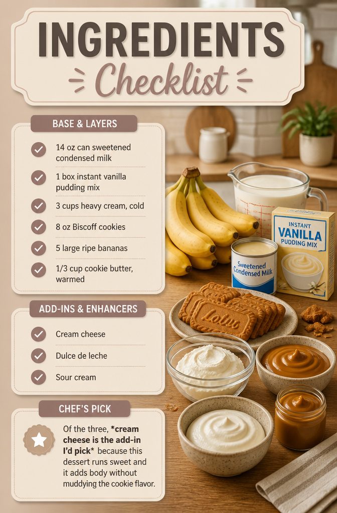 Biscoff Banana Pudding Recipe (Easy No-Bake Dessert) 8 List of ingredients needed for biscoff banana pudding preparation.