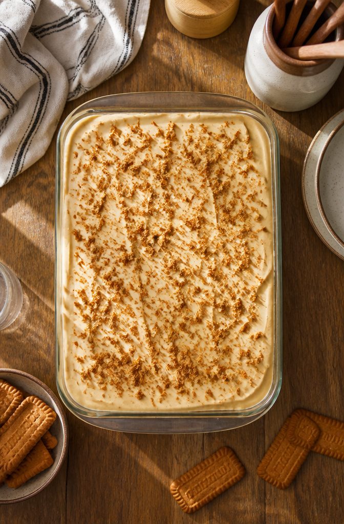 Biscoff Banana Pudding Recipe (Easy No-Bake Dessert) 5 Dish showing layers of pudding, cookies, and banana slices.