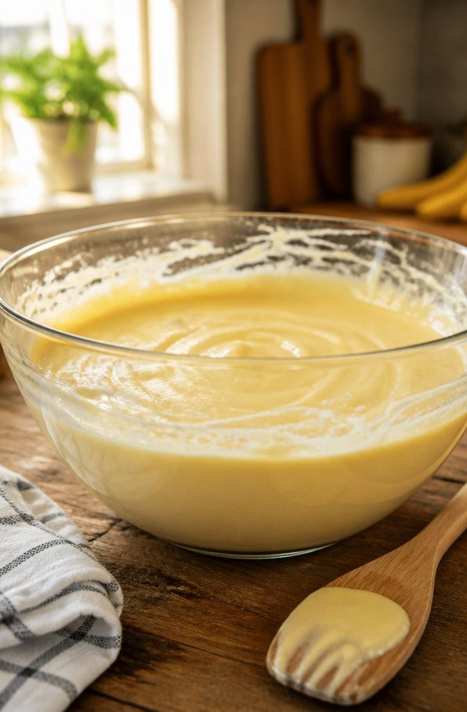 Biscoff Banana Pudding Recipe (Easy No-Bake Dessert) 2 Mixing bowl with sweetened condensed milk, milk, and vanilla pudding mix.
