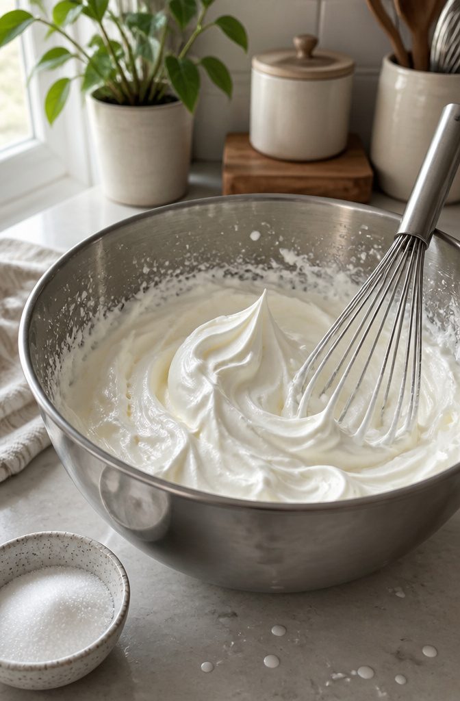 Biscoff Banana Pudding Recipe (Easy No-Bake Dessert) 3 Stainless-steel bowl filled with whipped heavy cream showing stiff peaks.