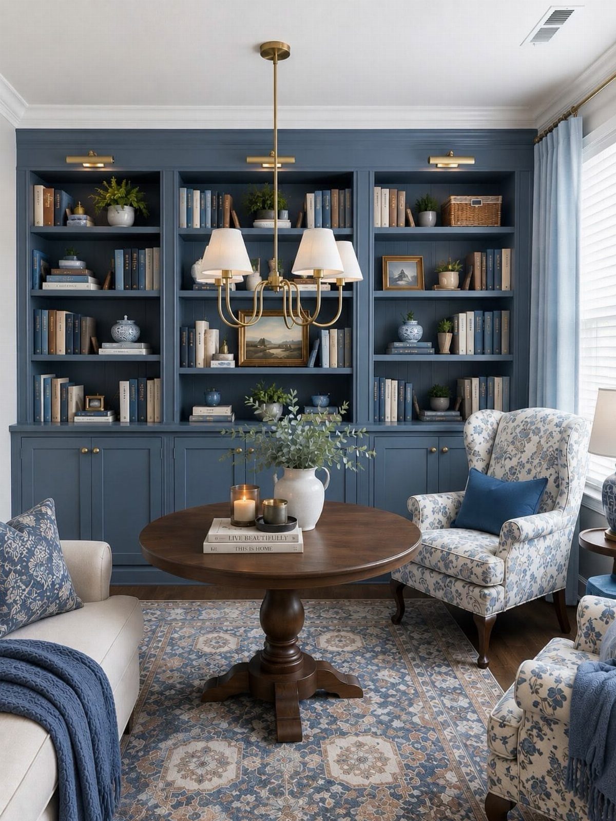 Navy blue built-in bookcase behind a seating area with a round wooden table.