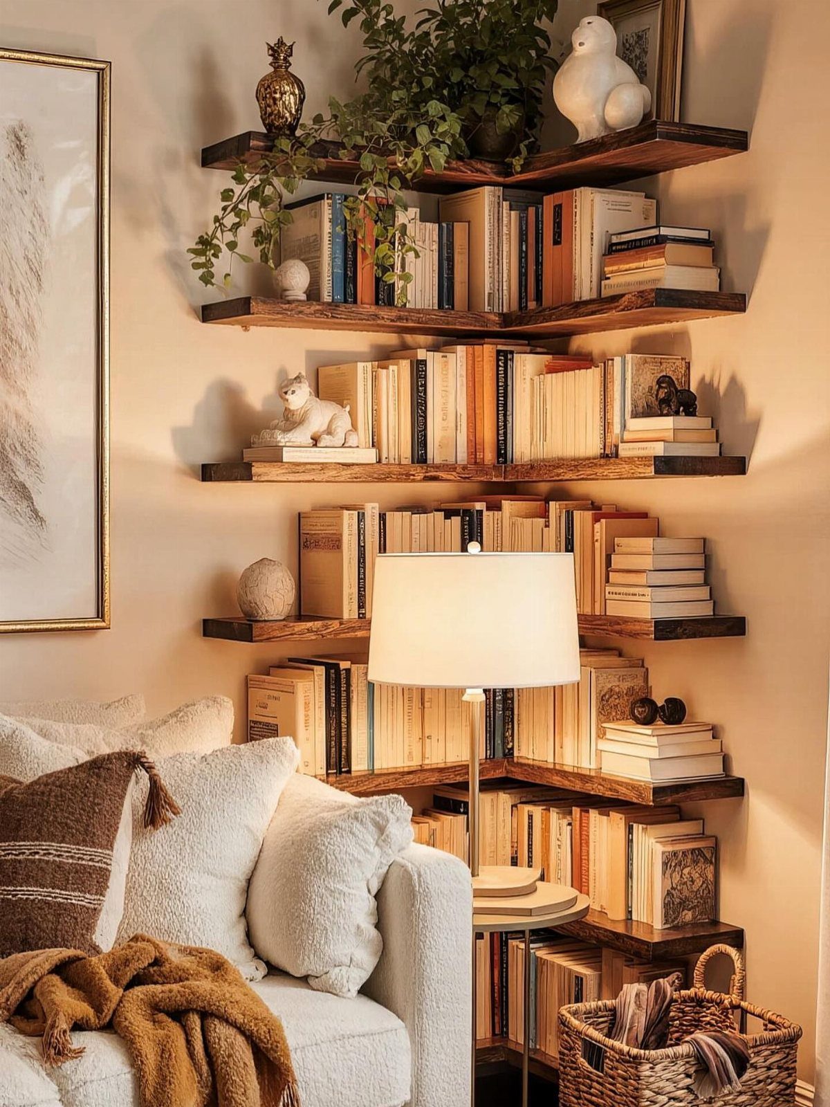 Wooden floating bookshelves filled with books mounted on a wall above a white couch