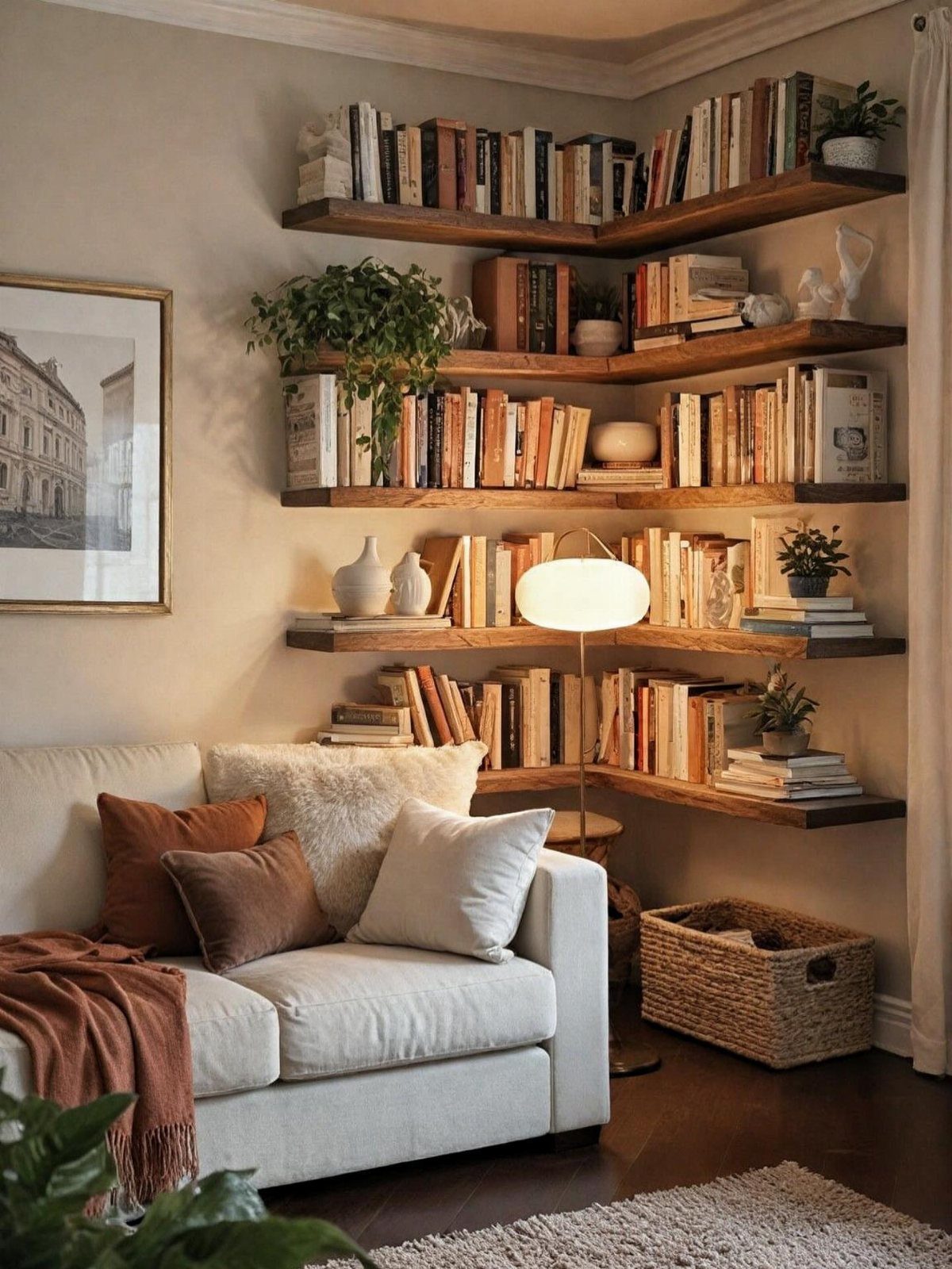 Four dark wood floating shelves filled with books above a white couch.