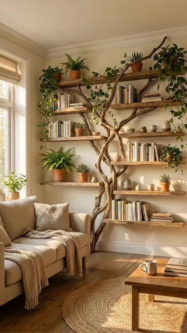 Wooden branch bookshelves with books and plants mounted above a beige couch.