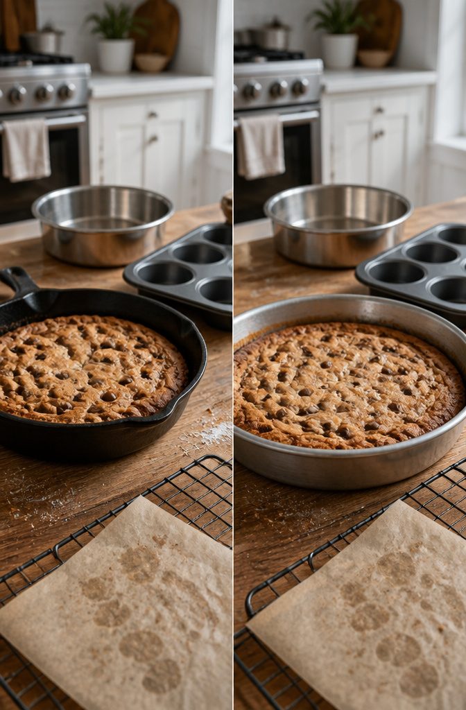 Cast Iron Skillet Chocolate Chip Cookie 5 Cookie dough baked in alternate pans including a cake pan and muffin tin