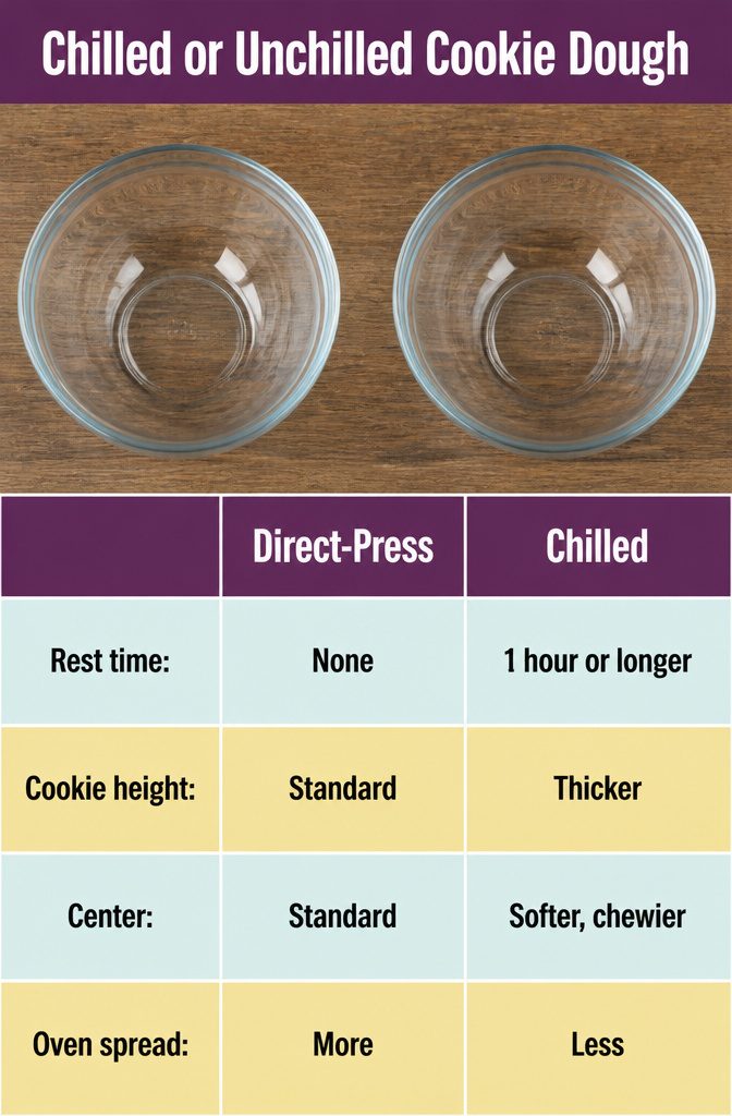 Cast Iron Skillet Chocolate Chip Cookie 4 Recipe graphic comparing chilled and unchilled cookie dough