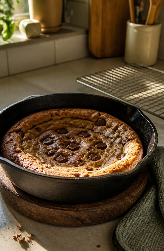 Cast Iron Skillet Chocolate Chip Cookie 3 Baked skillet cookie with golden edges and a glossy chocolate center