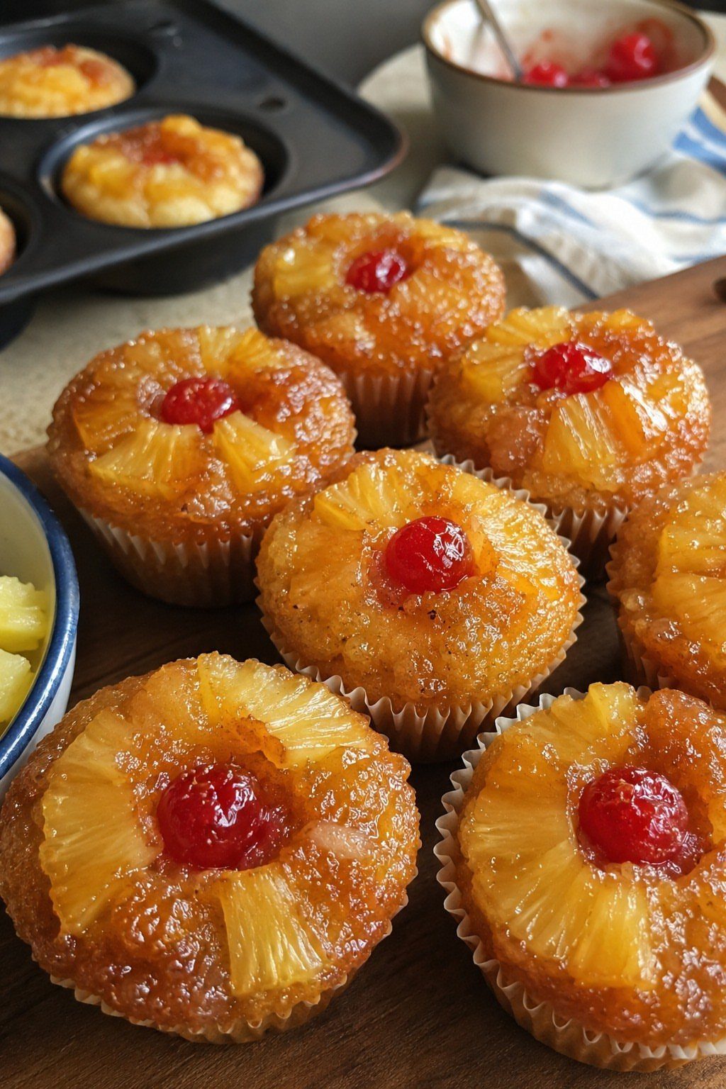 12 Cupcake Cake Ideas for Your Next Celebration 5 Pineapple upside-down cupcakes with caramelized pineapple rings and red cherries on wooden board