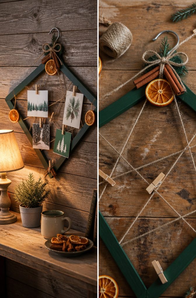 20 Easy Christmas Decor DIY Ideas for a Homemade Holiday 5 Wire hanger shaped into a diamond frame for displaying cards.