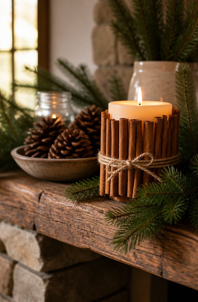20 Easy Christmas Decor DIY Ideas for a Homemade Holiday 3 Plain pillar candle wrapped in cinnamon sticks and decorated with twine.