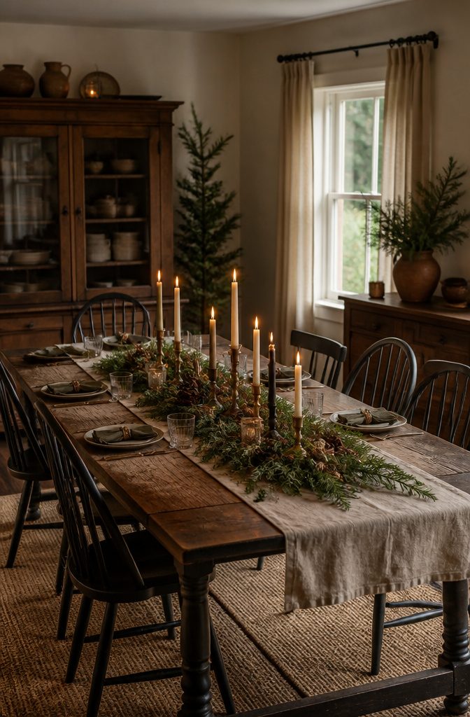 20 Easy Christmas Decor DIY Ideas for a Homemade Holiday 21 Centerpiece with taper candles and evergreen branches on a table.