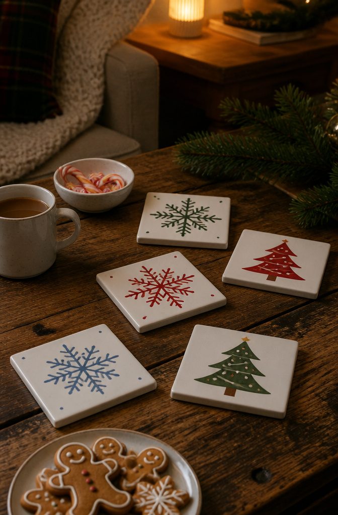 20 Easy Christmas Decor DIY Ideas for a Homemade Holiday 17 Ceramic tile coasters painted with Christmas designs arranged on a table.