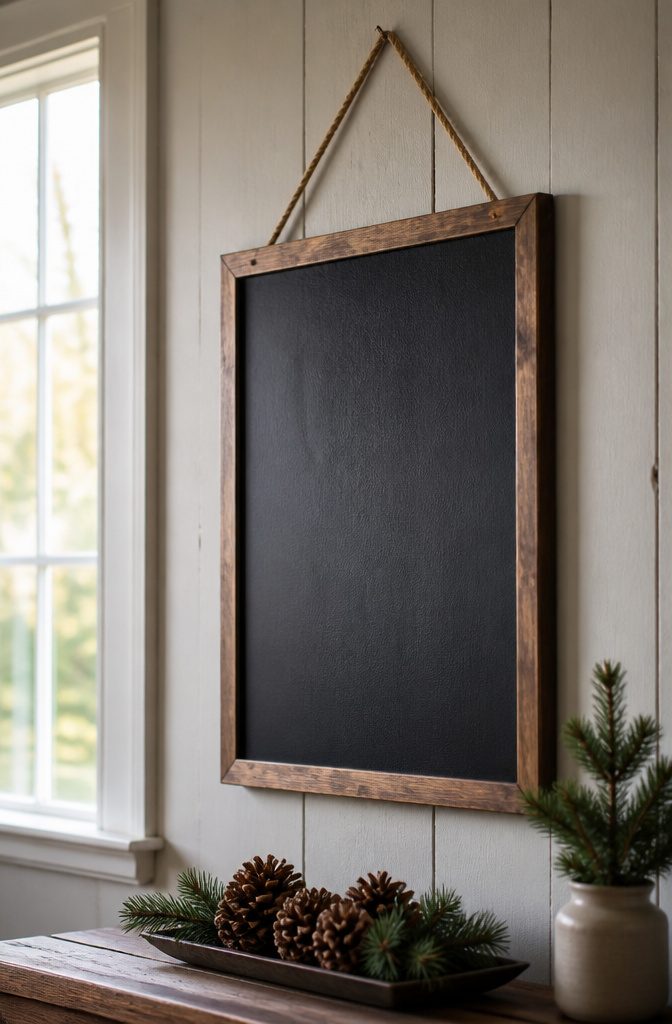 20 Easy Christmas Decor DIY Ideas for a Homemade Holiday 14 DIY Christmas sign with white stenciled letters on a black chalkboard finish.