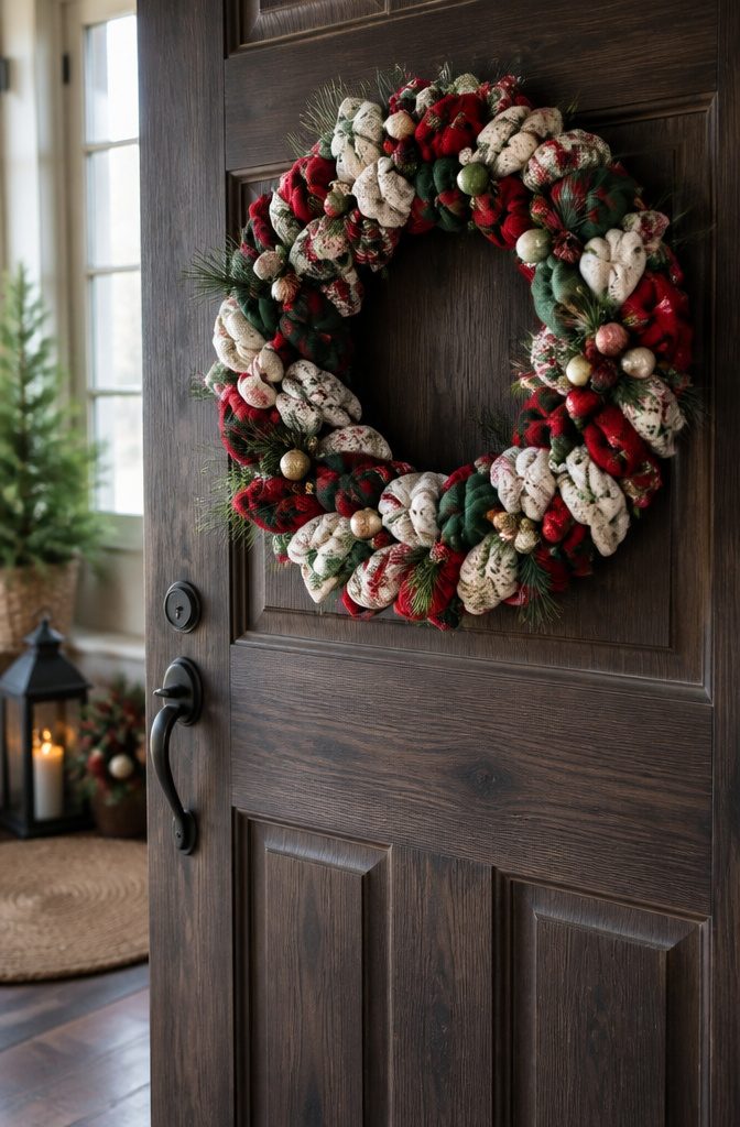 20 Easy Christmas Decor DIY Ideas for a Homemade Holiday 12 Wreath crafted from various fabric scraps in different colors.