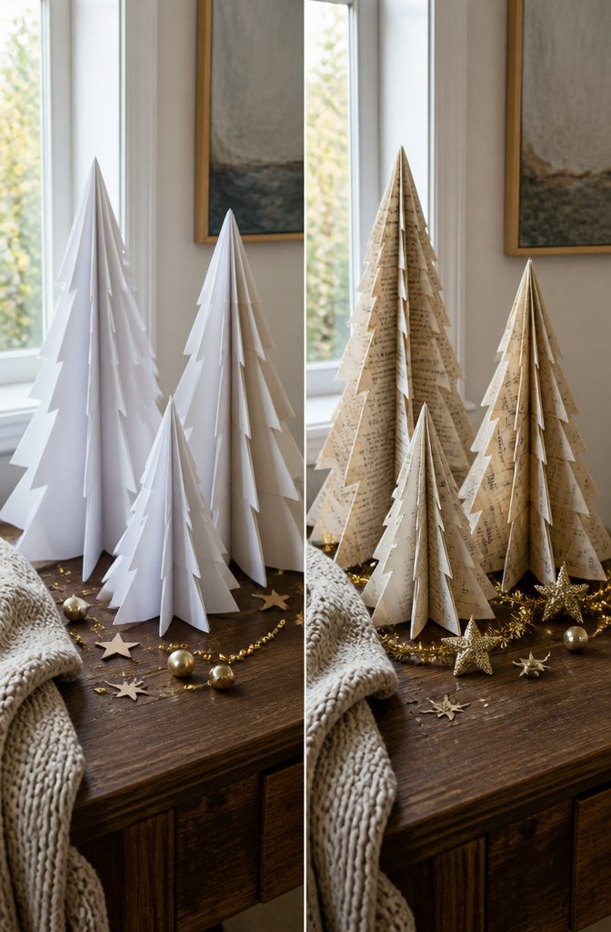 20 Easy Christmas Decor DIY Ideas for a Homemade Holiday 13 Paper trees folded from book pages arranged together.