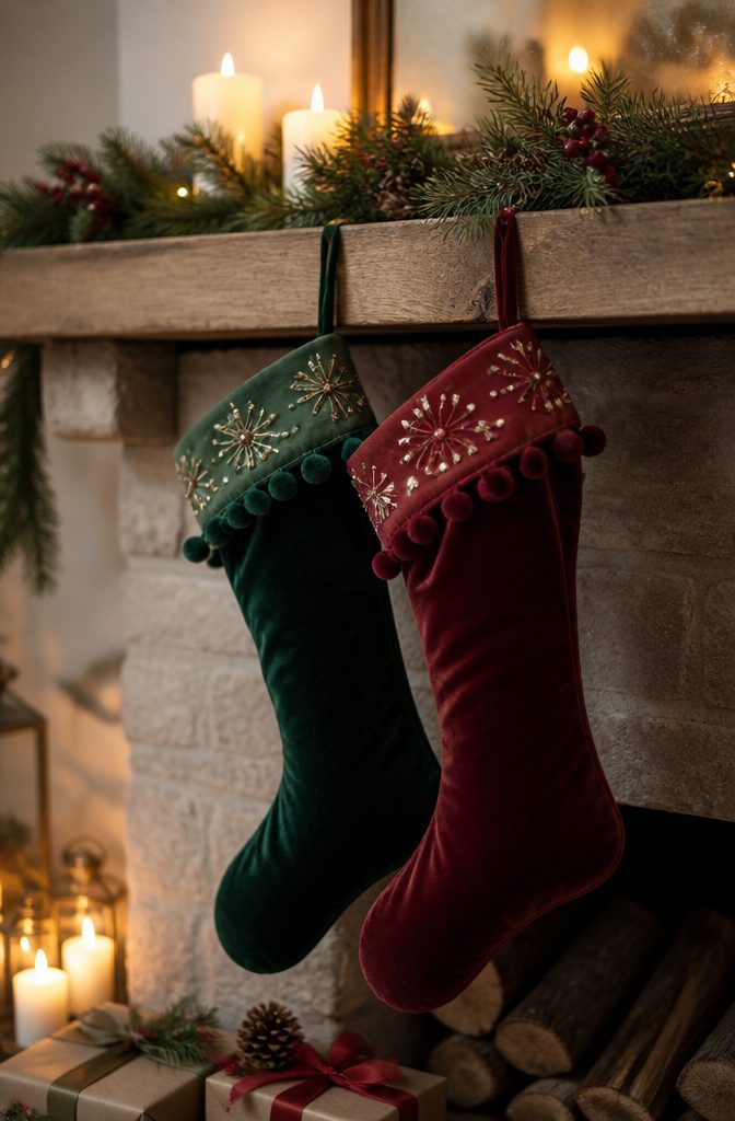20 Easy Christmas Decor DIY Ideas for a Homemade Holiday 20 Two velvet Christmas stockings adorned with pom-poms hanging from a mantel.