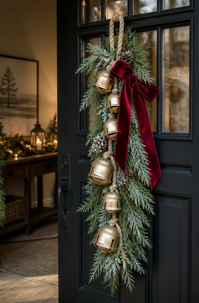 20 Easy Christmas Decor DIY Ideas for a Homemade Holiday 2 Swag made of hanging bells, faux greens, and a ribbon bow.