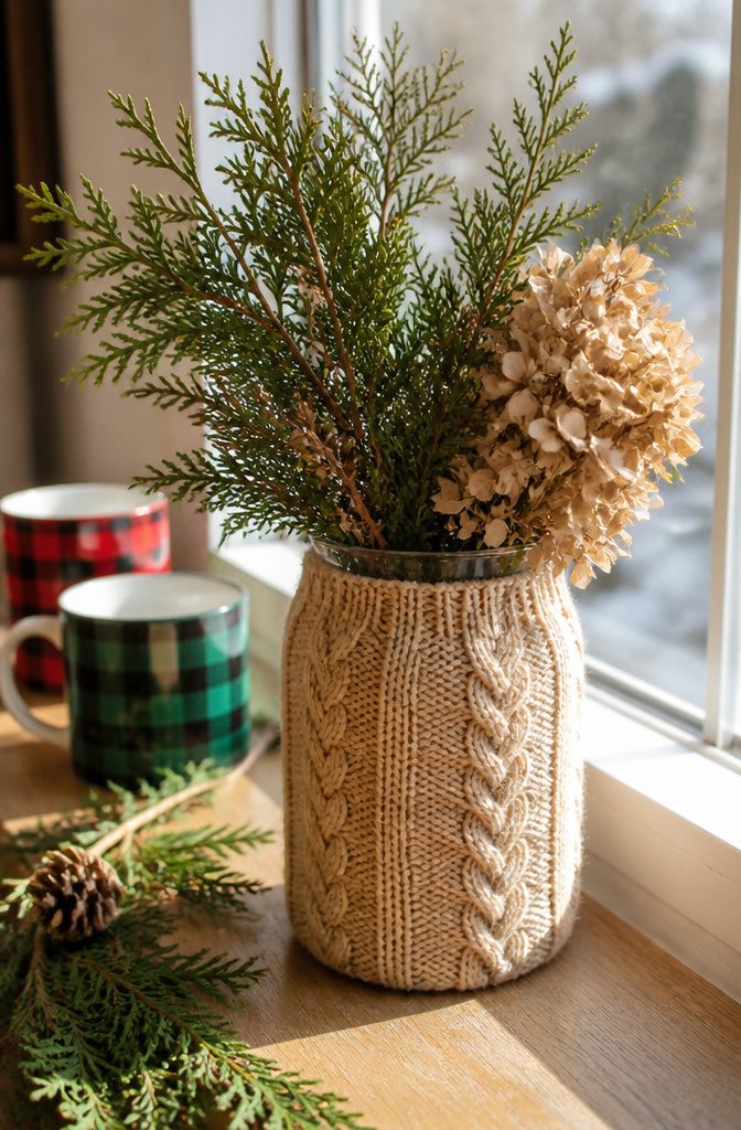 20 Easy Christmas Decor DIY Ideas for a Homemade Holiday 7 Mason jar covered with beige sweater fabric, holding cedar branches and hydrangea.