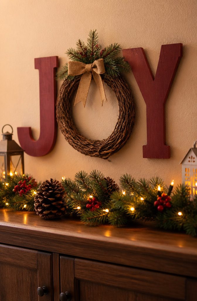 20 Easy Christmas Decor DIY Ideas for a Homemade Holiday 16 Wooden JOY sign featuring red letters and a grapevine wreath.