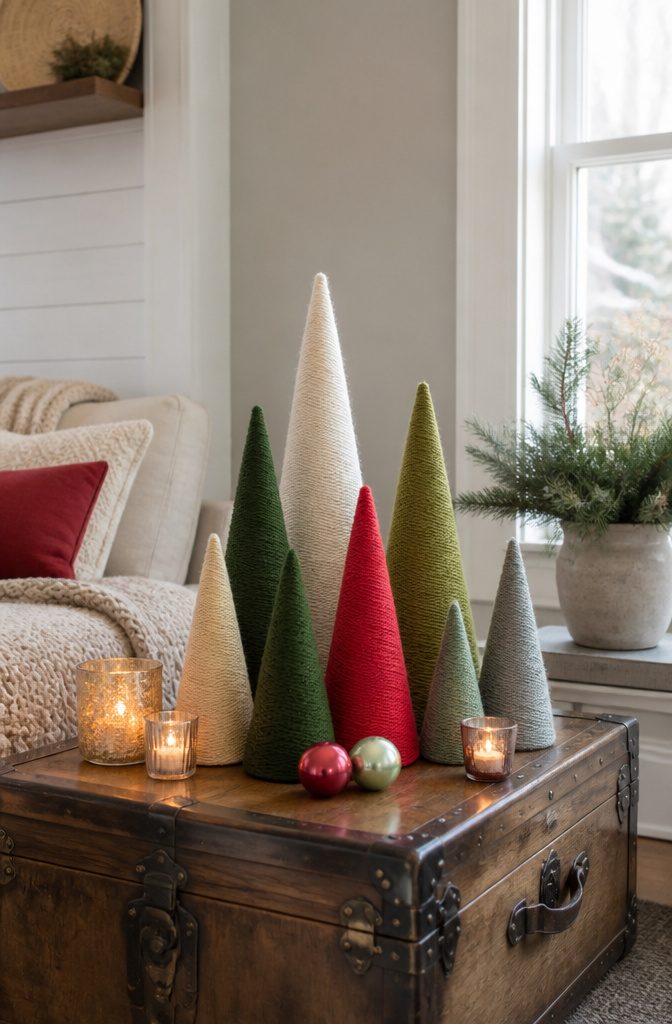 20 Easy Christmas Decor DIY Ideas for a Homemade Holiday 18 Cone trees wrapped in colorful yarn, arranged decoratively.