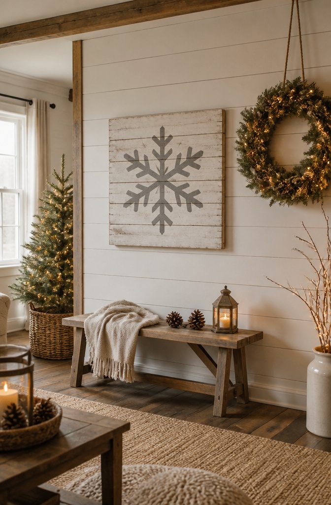 20 Easy Christmas Decor DIY Ideas for a Homemade Holiday 6 Wooden sign with a snowflake pattern created from scrap wood planks.