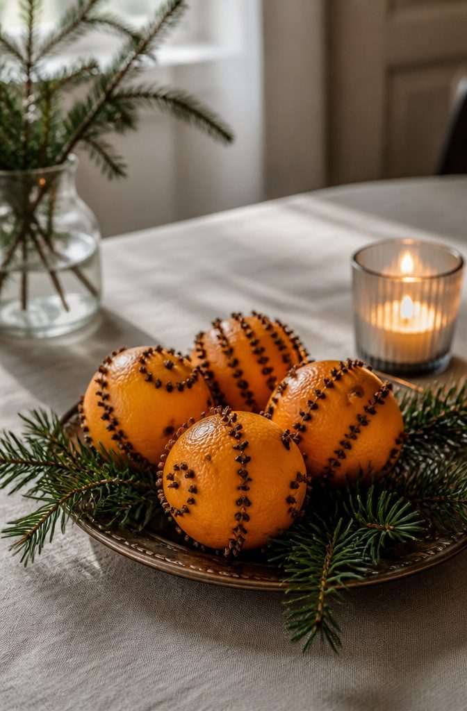20 Easy Christmas Decor DIY Ideas for a Homemade Holiday 10 Pomanders crafted from oranges and whole cloves arranged on a table.