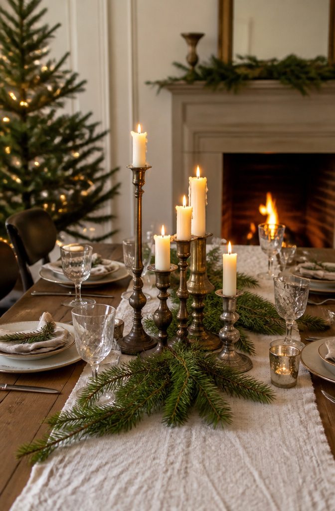 20 Easy Christmas Decor DIY Ideas for a Homemade Holiday 4 Cluster of tarnished brass and silver candleholders with candles on a dining table.