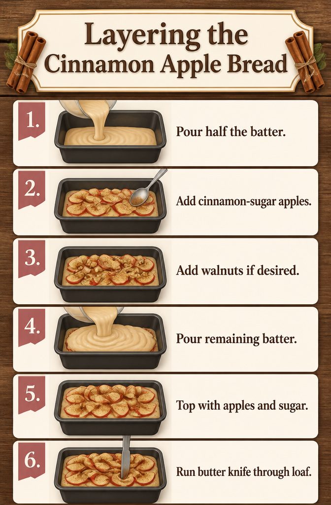 Easy Cinnamon Apple Bread: A Simple Loaf Recipe for 2026 5 A loaf pan with layers of batter and scattered cinnamon-sugar apples.