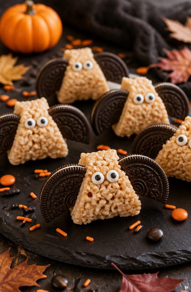 Rice Krispie treats decorated with Oreo halves as bat wings.