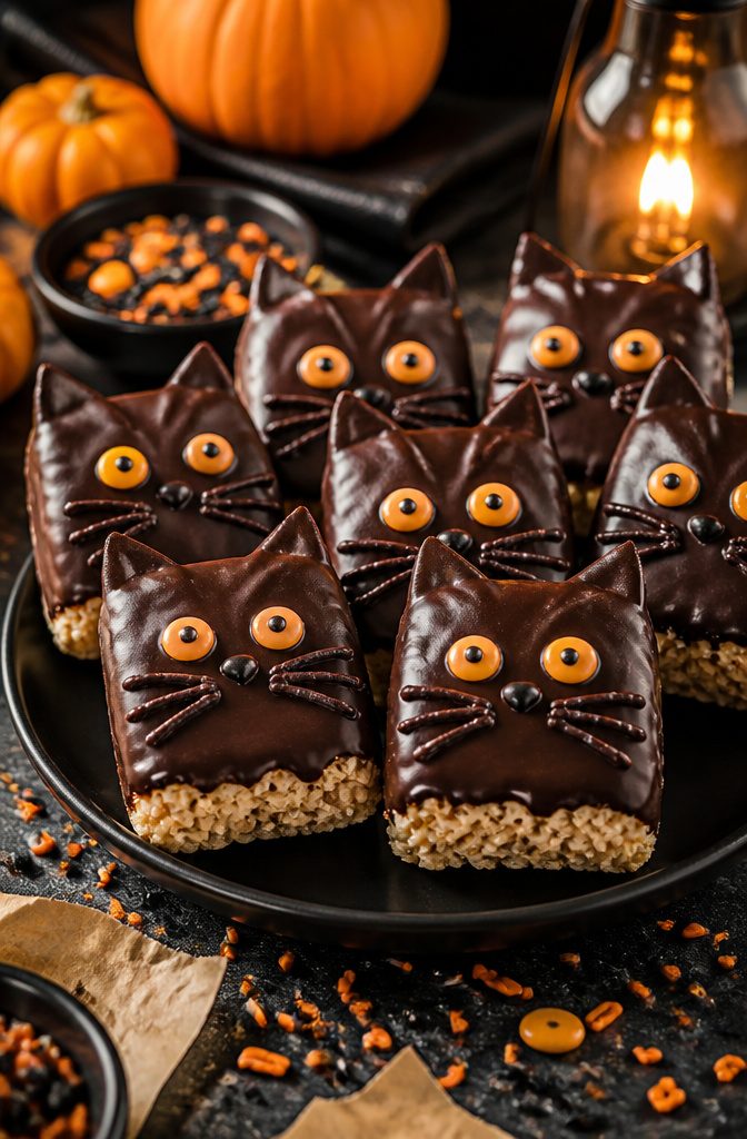 Rice Krispie treats shaped like black cats with chocolate and candy eyes.