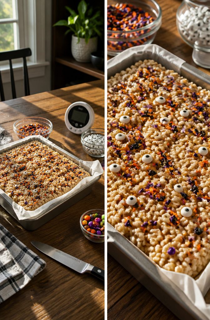 A timer set to 30 minutes next to a pan of cooling Rice Krispie treats.