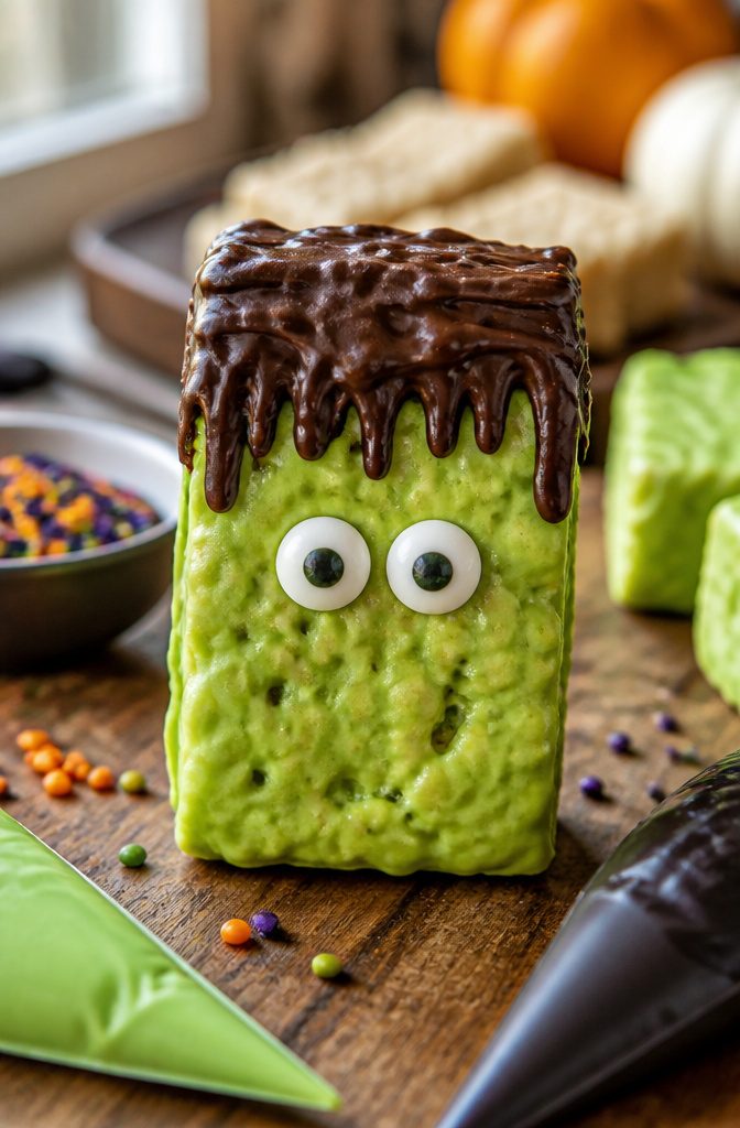 A Rice Krispie treat coated in green candy melts and decorated as Frankenstein.