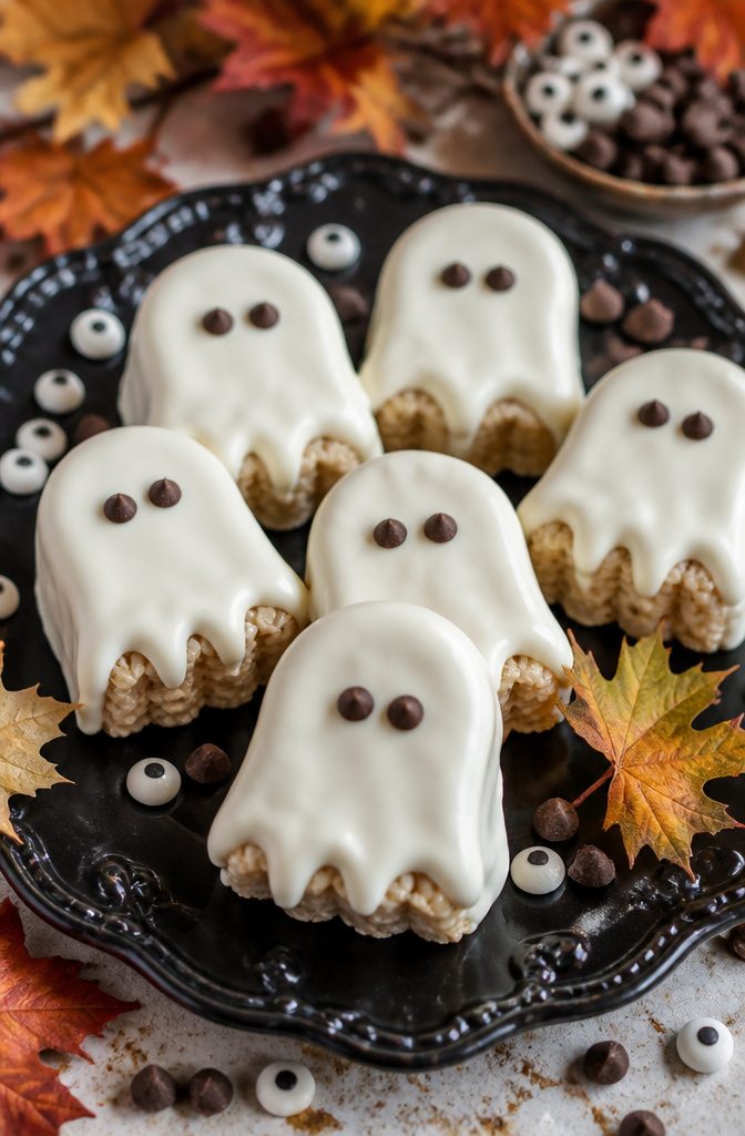A Rice Krispie treat dipped in white chocolate, resembling a ghost.