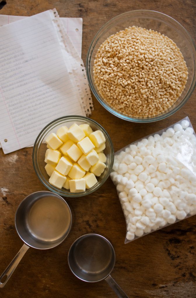 Ingredients for Rice Krispie treats: butter, mini marshmallows, and Rice Krispies.