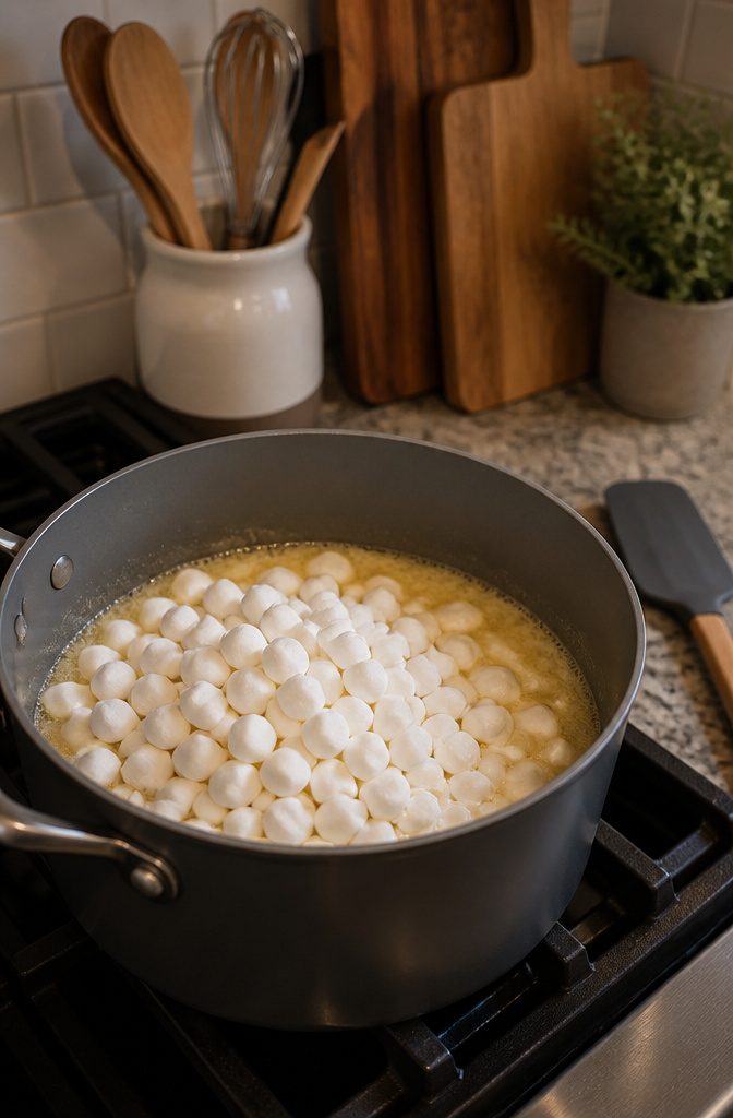 A pot with melted butter and mini marshmallows on the stove.