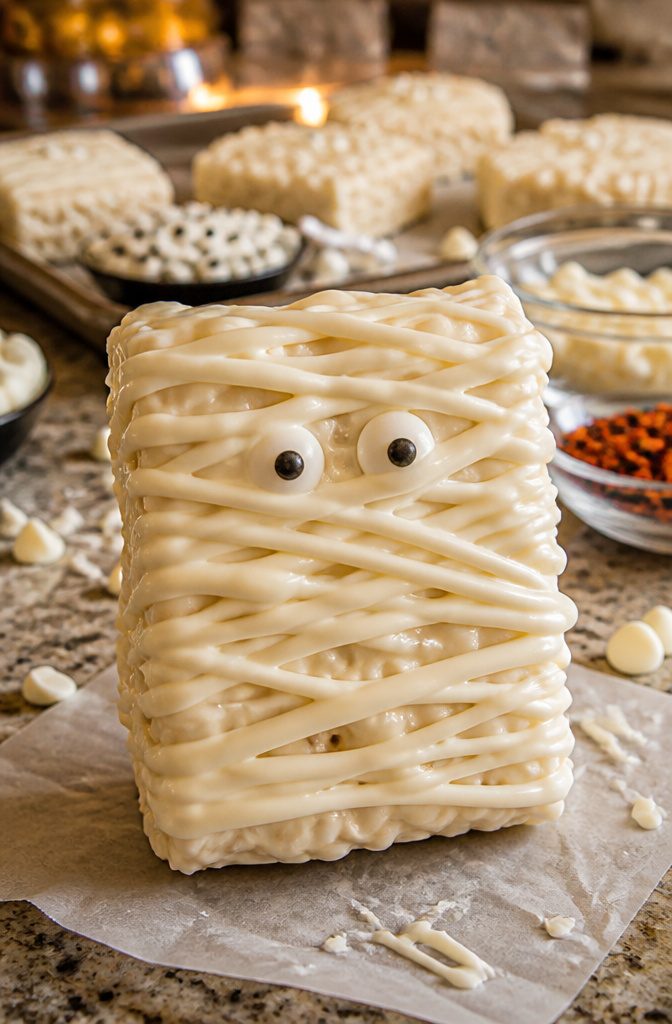 A Rice Krispie treat coated in white chocolate, resembling a mummy.