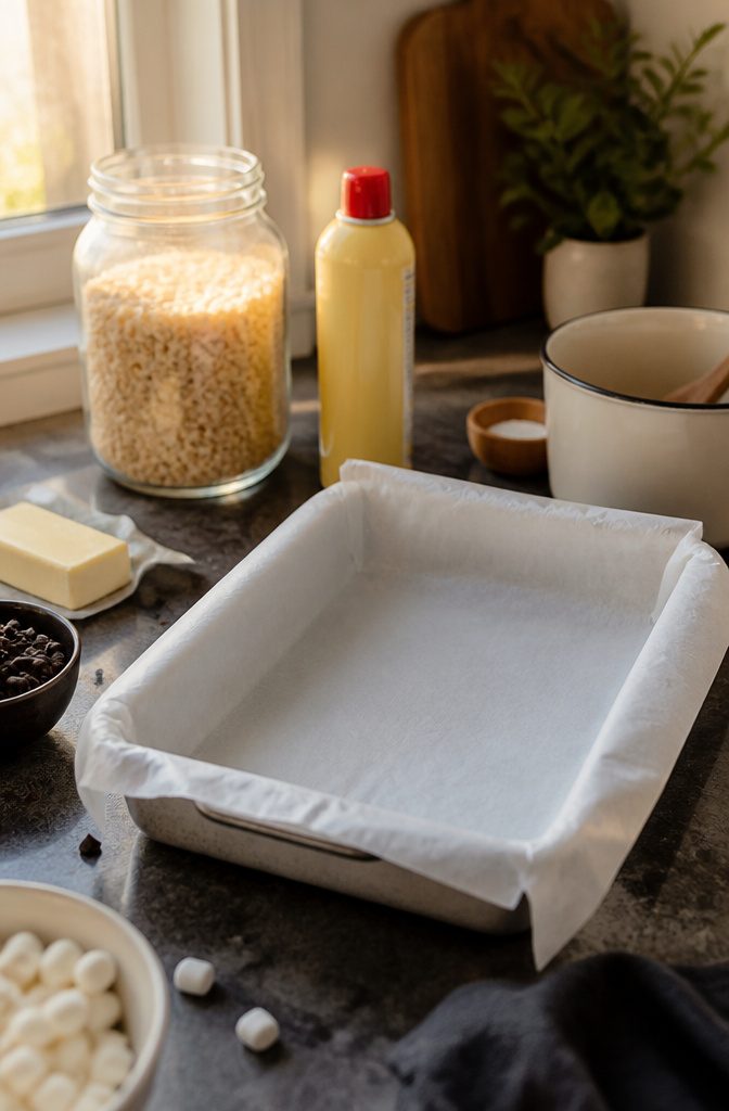 A baking dish lined with parchment paper and ingredients for Rice Krispie treats.