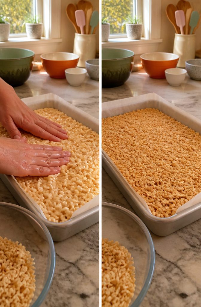 A hand pressing the Rice Krispie mixture into a lined baking pan.