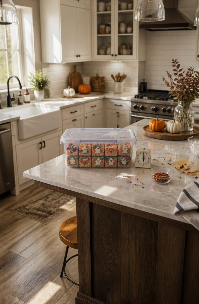 A container holding Halloween Rice Krispie treats for storage.