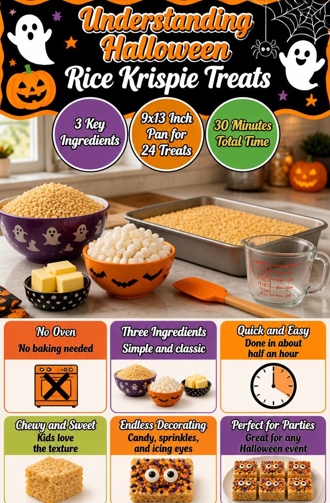 Text image explaining the ingredients and preparation time for Halloween Rice Krispie Treats.