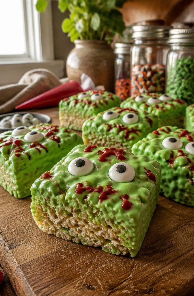 A Rice Krispie treat covered in green candy melts, looking like a zombie.