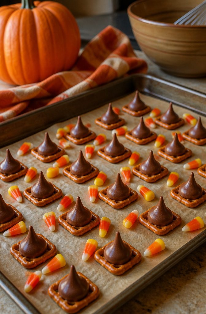 Square pretzels with Hershey's kisses and candy corn on a cookie sheet.