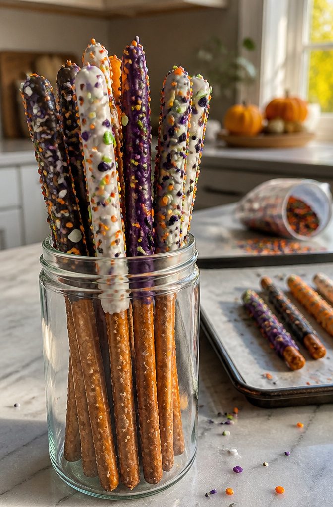 Chocolate-dipped pretzel rods decorated with colorful sprinkles.
