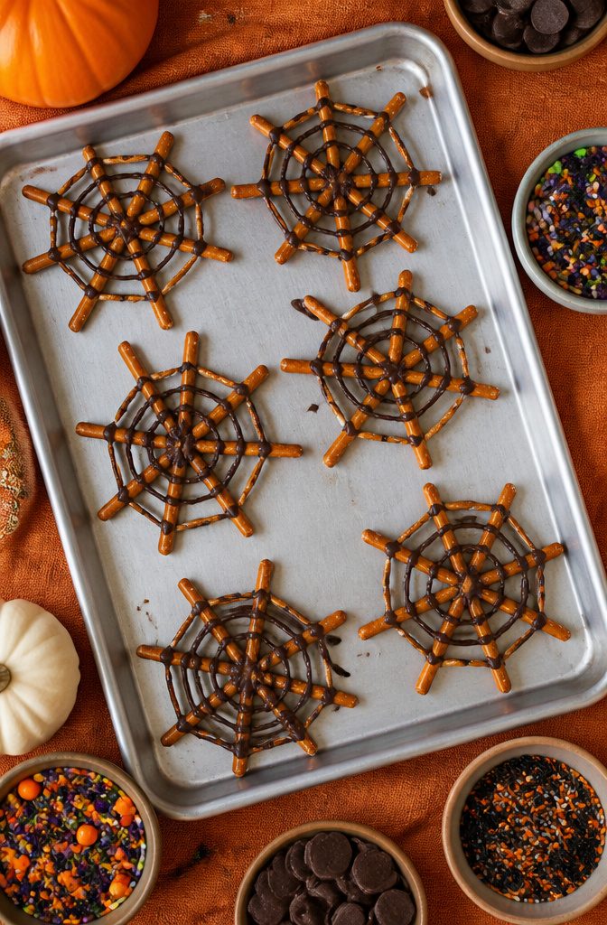Pretzel sticks in a spiderweb pattern drizzled with chocolate.