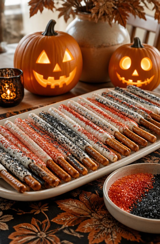 White chocolate-coated pretzel sticks with colorful sugar sprinkles.