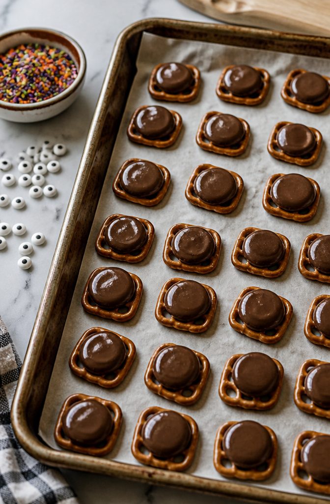 Pretzel chips with chocolate discs and candy eyes on parchment paper.